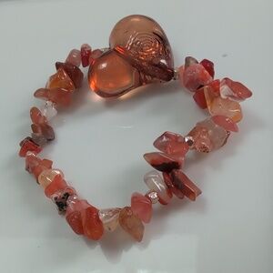 Handmade Carnelian Chip Stretch Bracelet With Heart Charm Boho Bracelet 6.5"